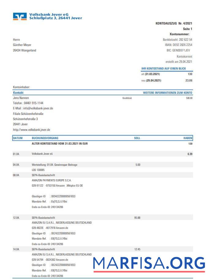 Downloadable Germany Volksbank Jever bank statement excel download for verification